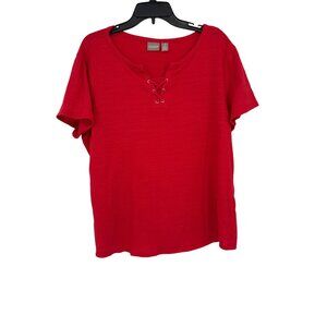 Chicos 2 Red Crinkle knit Cotton Blend Top shirt  Size large With Lace-Up Detail